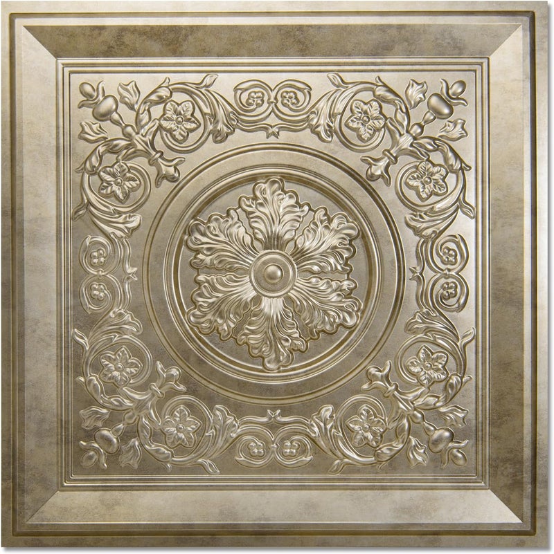 WOWSTAR 12-Pack 24"x24" Drop Ceiling Tiles, Vintage Style Waterproof Glue up Ceiling Panels Decor, Antique Gold - Image 1